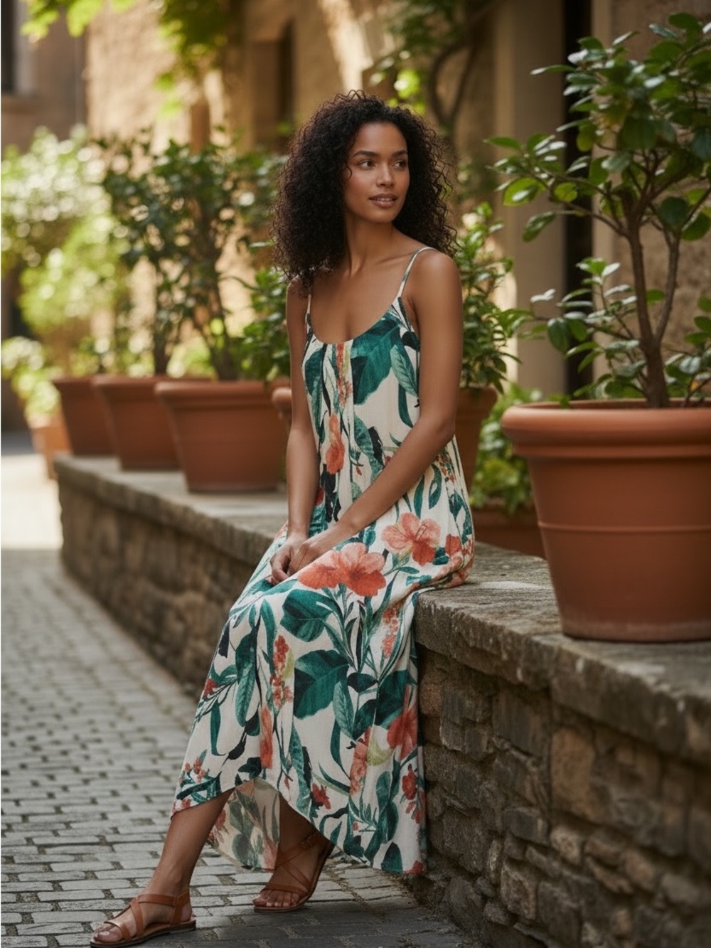 Lilac + London XL White Maxi Dress with Orange Floral & Teal Leaf Print